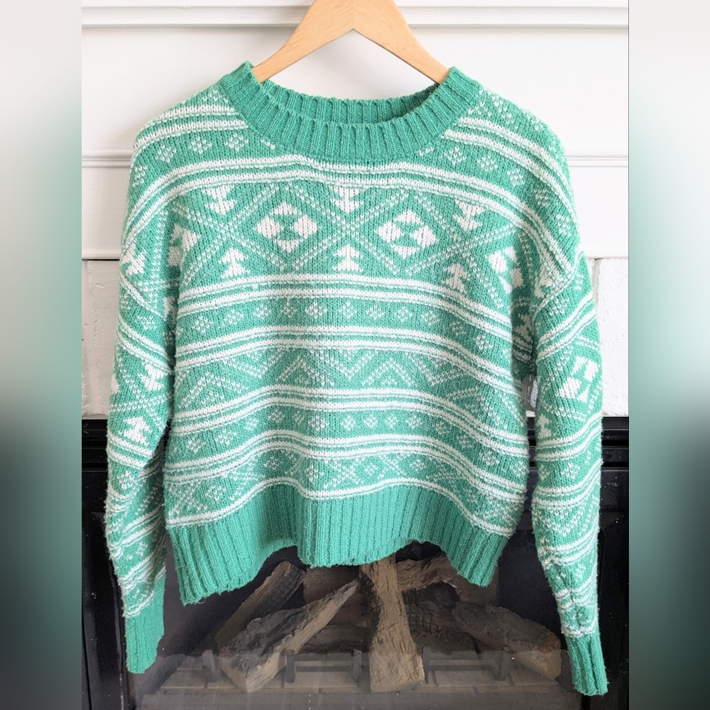American Eagle Mint Green Fair Isle Cropped Sweater XS Cozy Nordic Knit